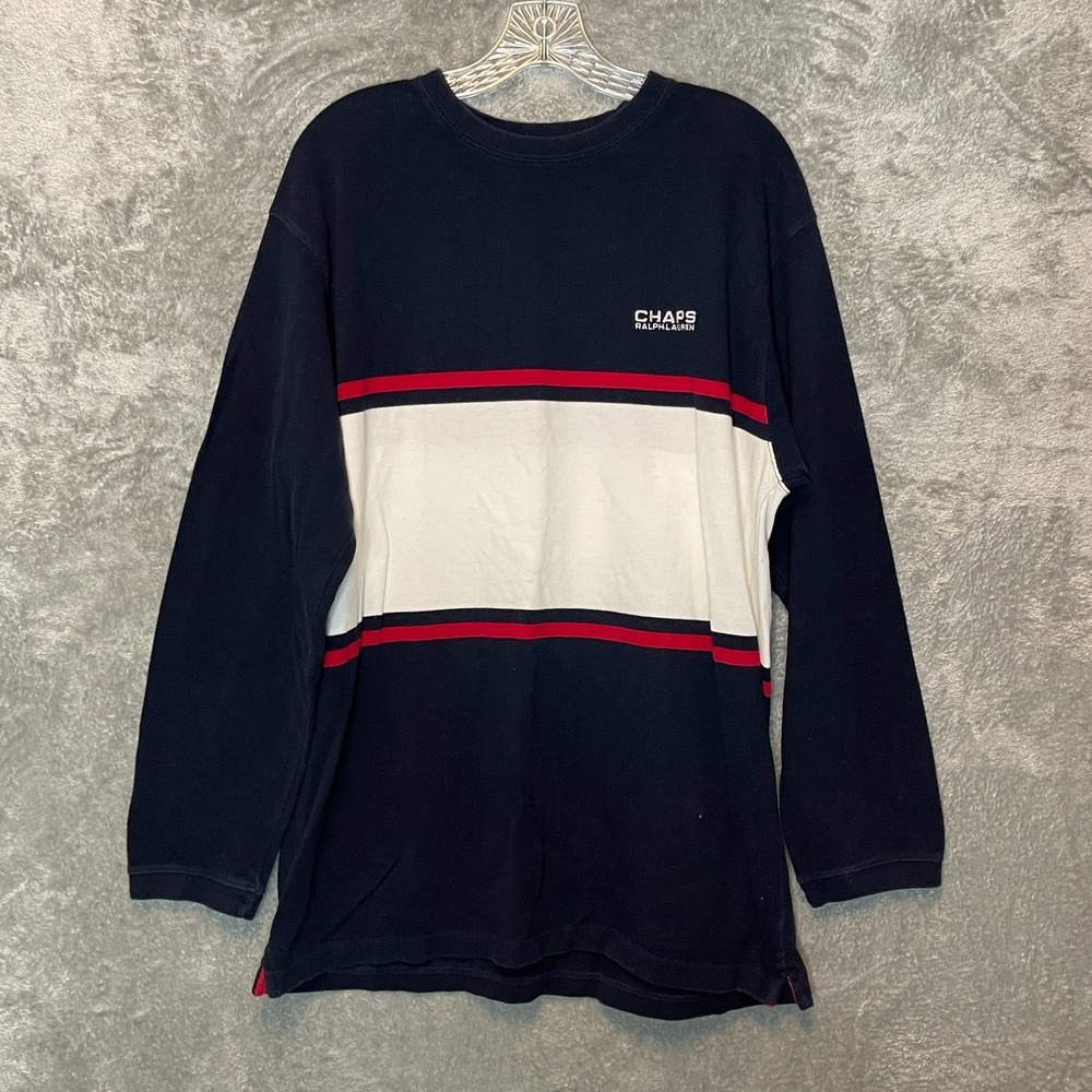 Vtg Chaps Ralph Lauren CRL Mens L 90s Classic Preppy Striped Crewneck Sweatshirt